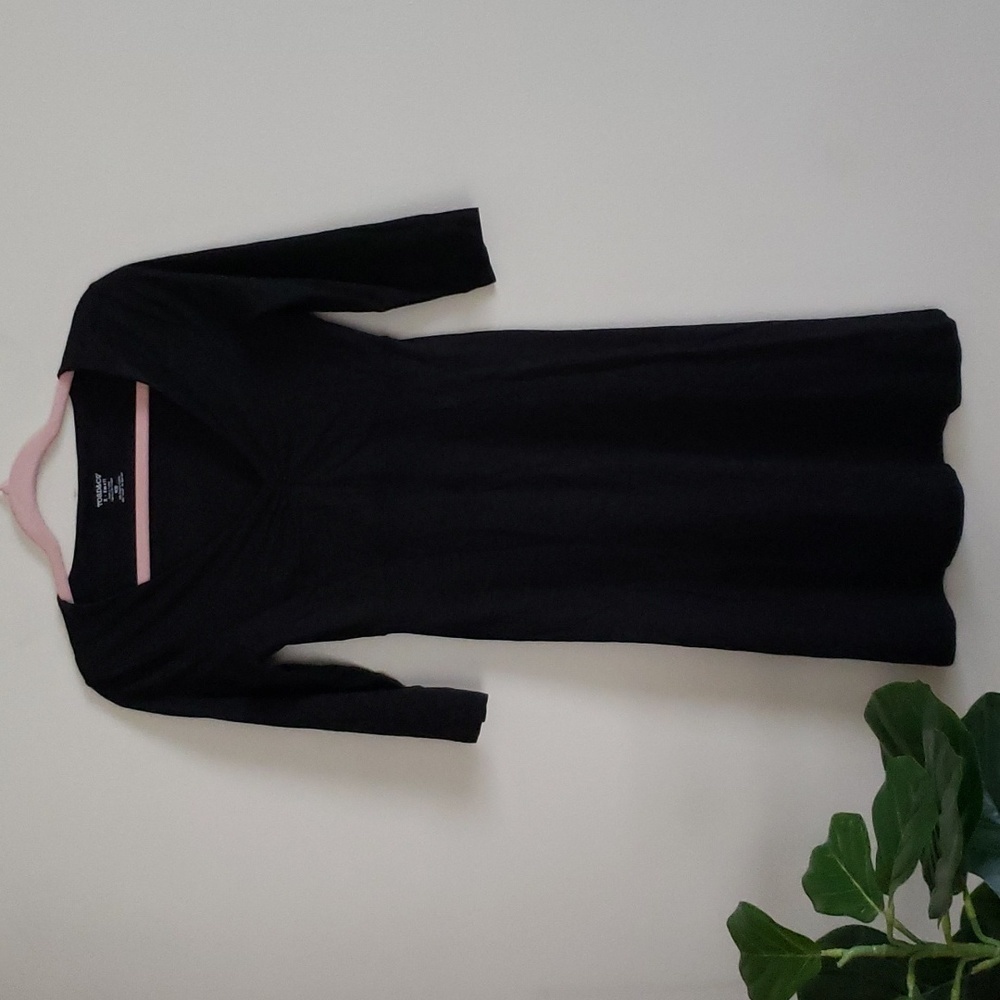 Toad and Co v neck black midi dress, 3/4 sleeve, organic cotton, women's size XS
